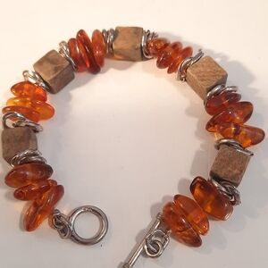 Amber and Wood Bracelet 925 Beads And Clasp